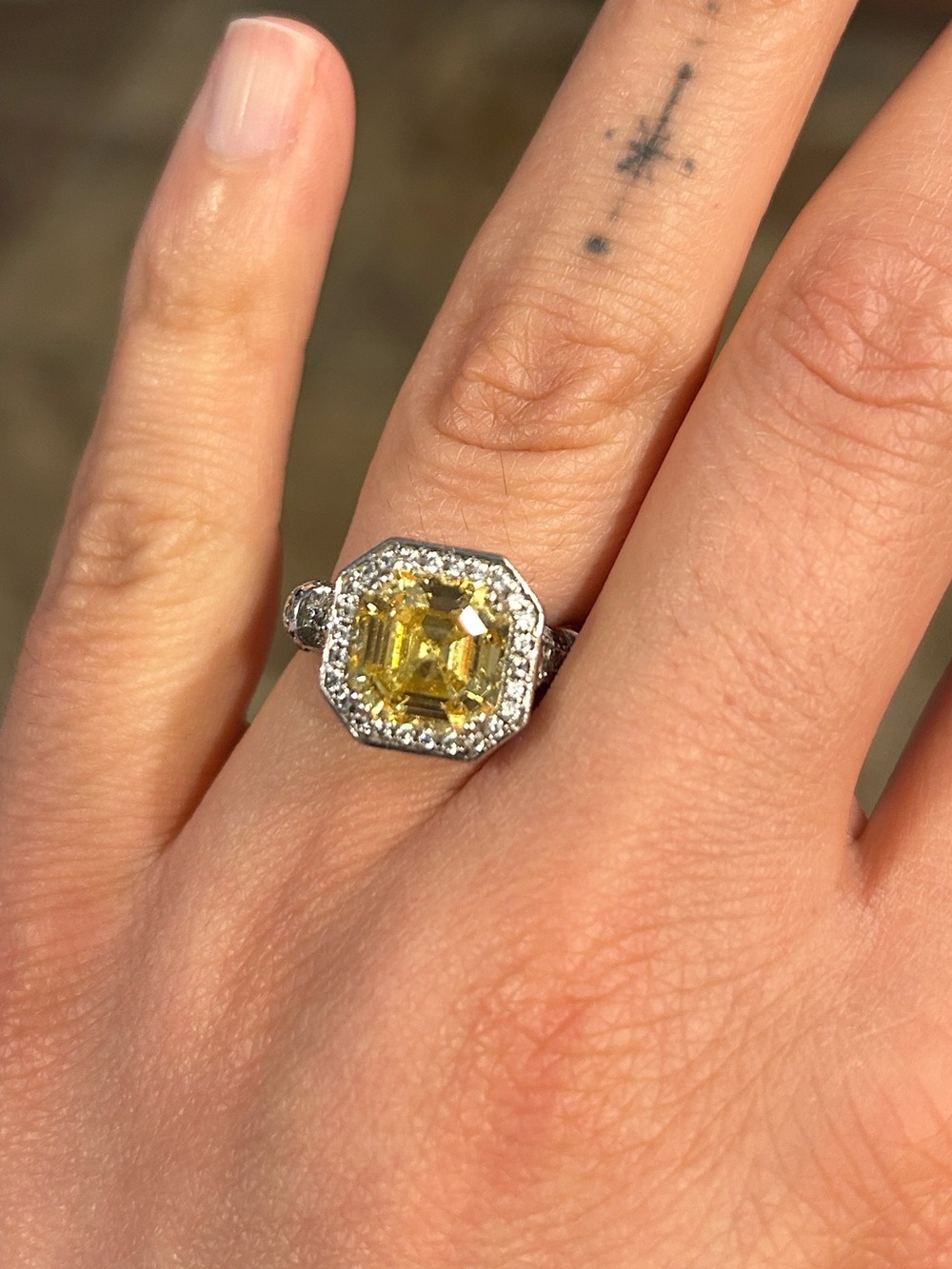 Diamonique canary yellow CZ art deco ring size 7